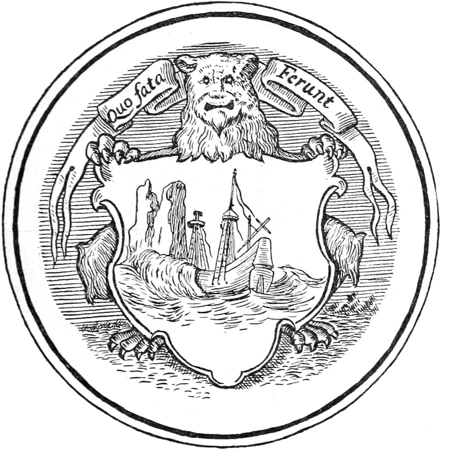 Engraving of the old seal of the Bermuda Company: a lion holding a shield that shows the Sea Venture wrecked on the rocks, with the motto Quo fata ferunt